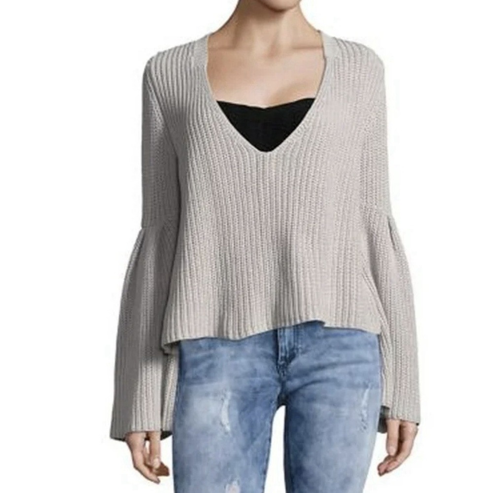 Free People Beige Deep V Neck Bell Sleeve Sweater Size Small Wool Blend